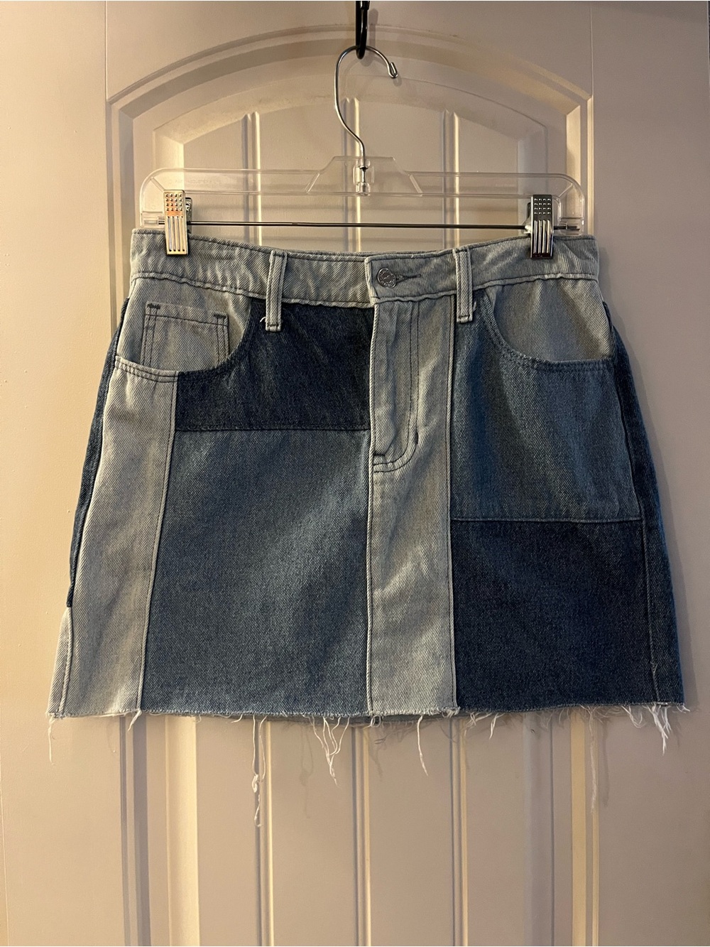 Hollister Denim Patchwork Mini Skirt - Light, Med & Dark Blue, size 5